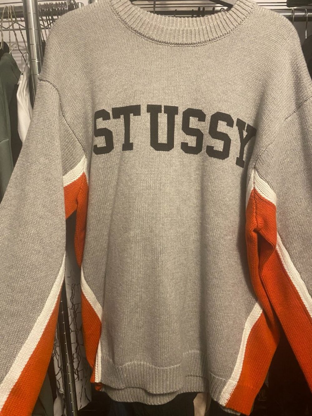 Stussy Gray Orange Colorblock Knit Crewneck Sweater Size M - Picture 4 of 5